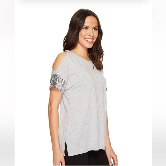 MICHAEL KORS Sequin Cold Shoulder Gray Short Sleeve Top - Picture 3 of 13